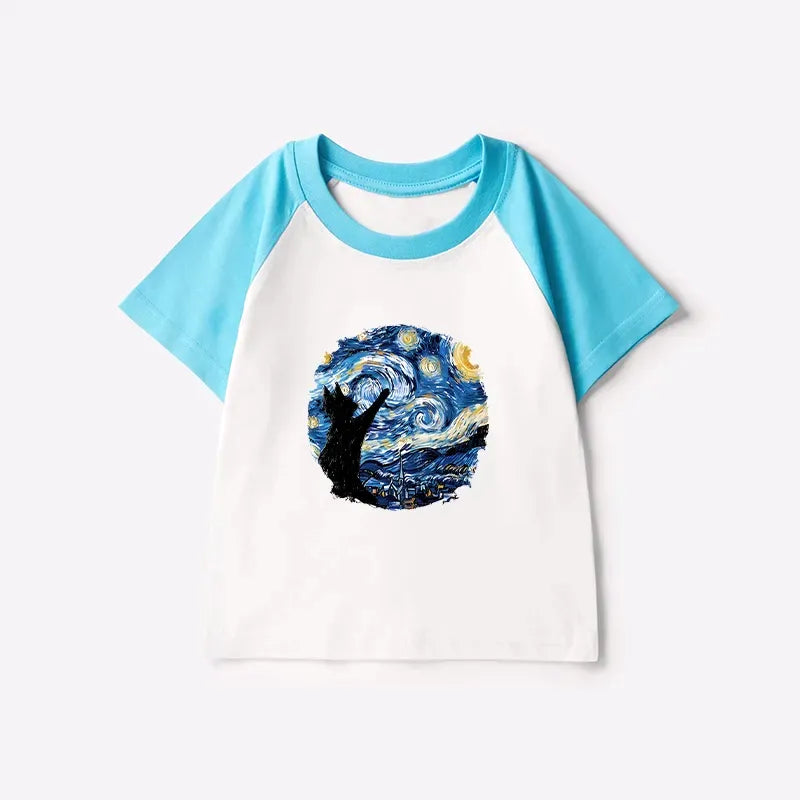 Kyoto-Lion Starry Night Black Cat Kids Raglan T-shirt