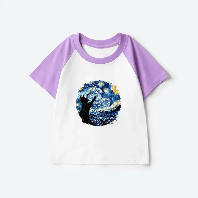 Kyoto-Lion Starry Night Black Cat Kids Raglan T-shirt