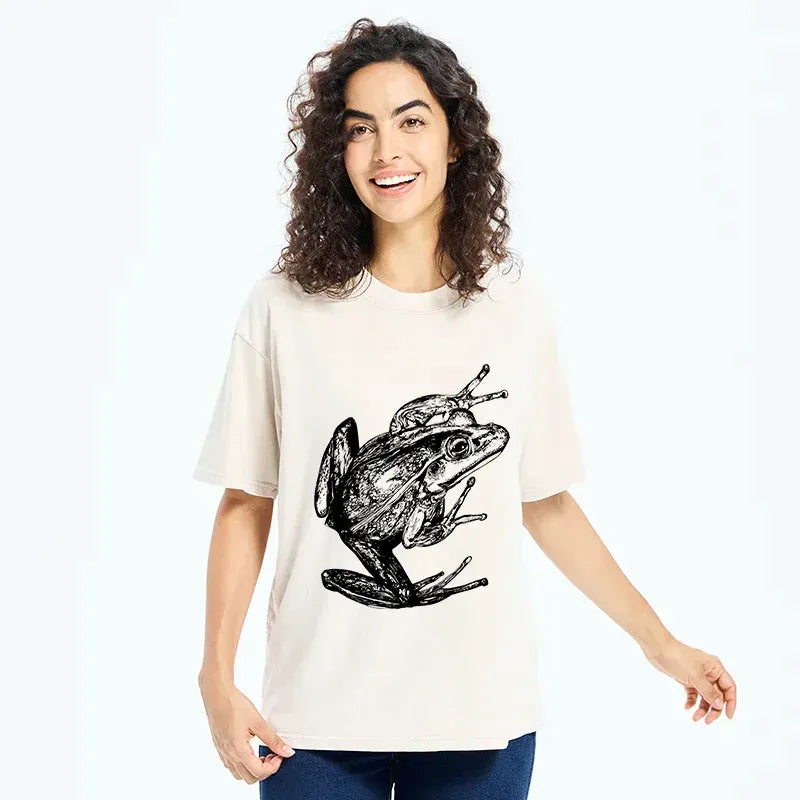 Retro Frog Japanese Washed T-Shirt for Men