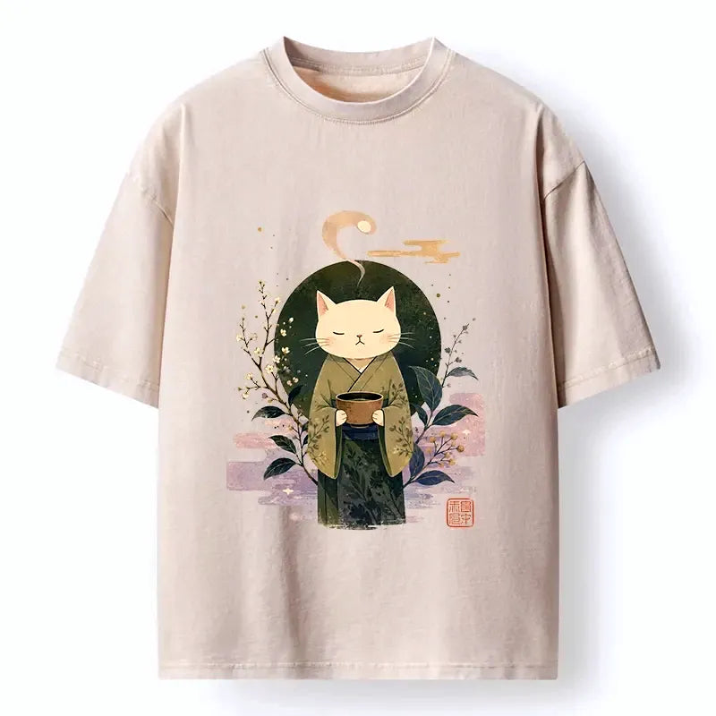 Kyoto-Lion Soft Green Zen Cat Tea Blossom Stamp Art Washed T-Shirt
