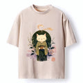 Kyoto-Lion Soft Green Zen Cat Tea Blossom Stamp Art Washed T-Shirt