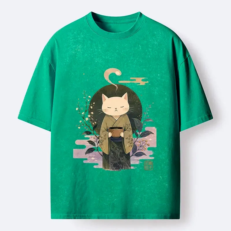 Washed Japanese Cat Shirt for Streetwear