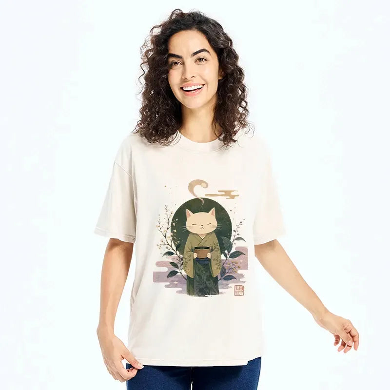 Japanese Zen Cat Washed T-Shirt