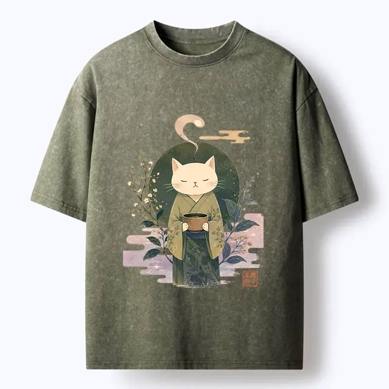 Japanese Zen Cat Washed T-Shirt