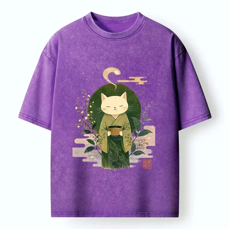 Washed Japanese Cat Shirt for Streetwear