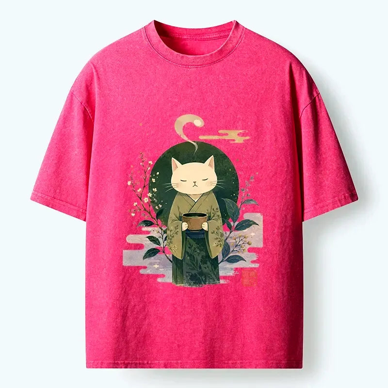 Washed Japanese Cat Shirt for Streetwear