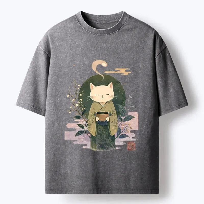 Kyoto-Lion Soft Green Zen Cat Tea Blossom Stamp Art Washed T-Shirt