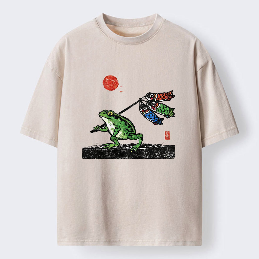 Kyoto-Lion The Frog Carrying Carp Flags Washed T-Shirt