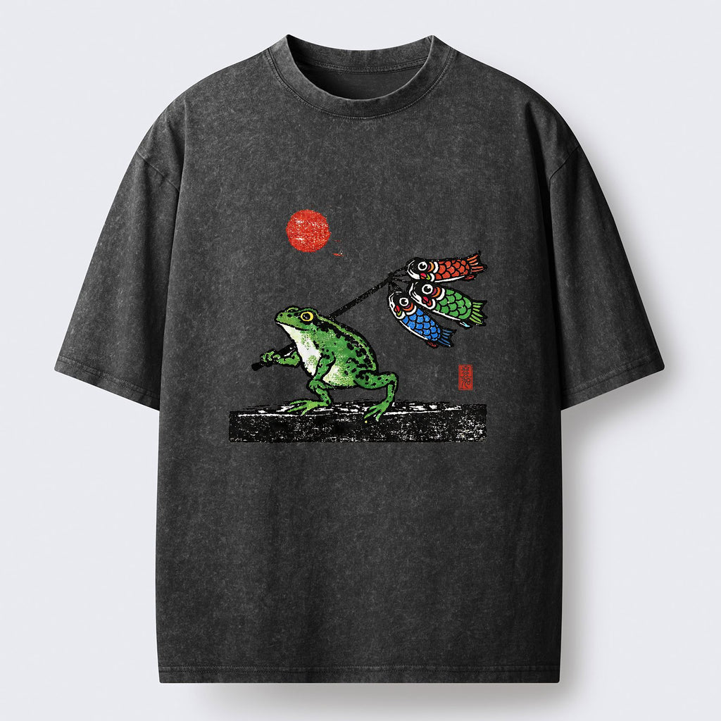 Kyoto-Lion The Frog Carrying Carp Flags Washed T-Shirt