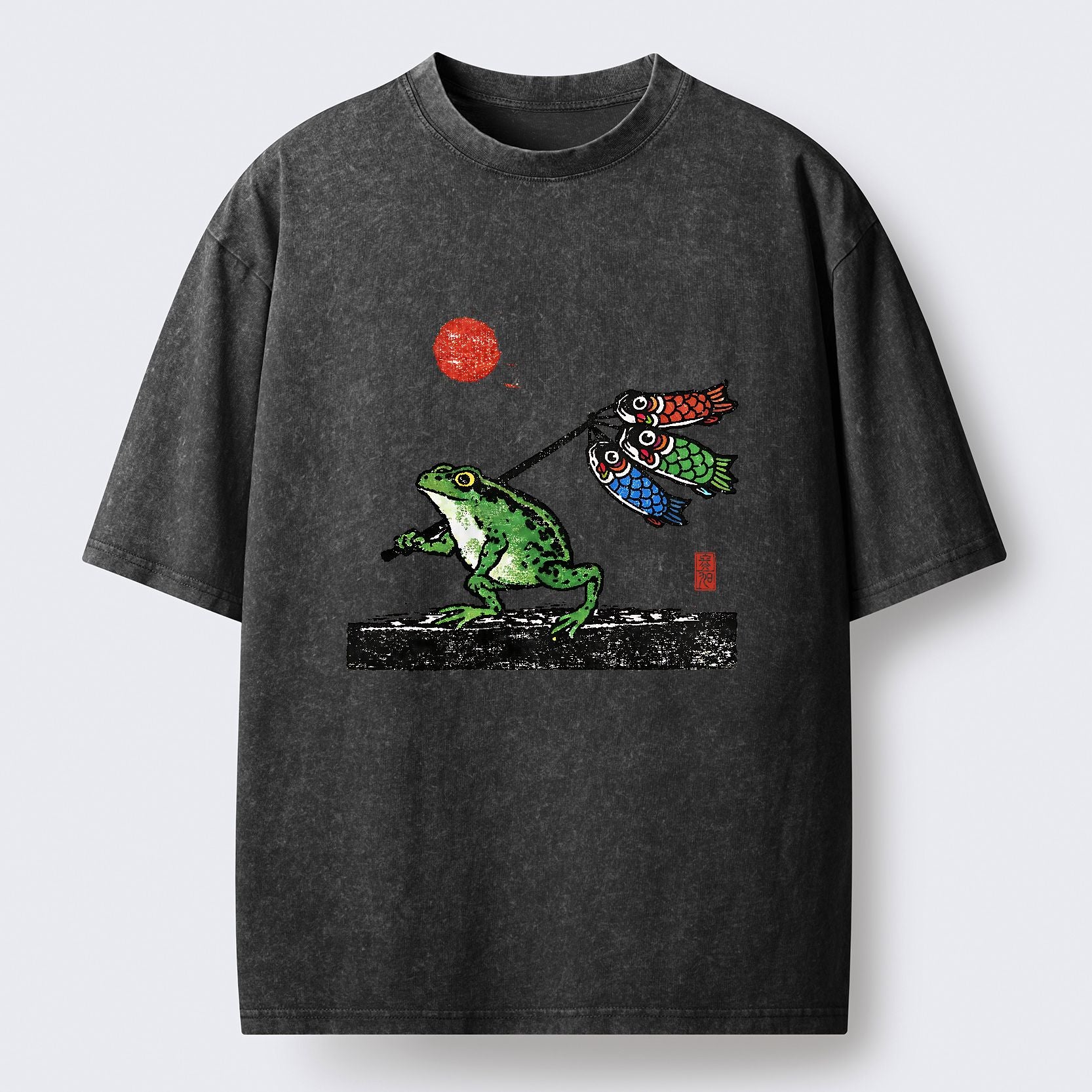 Kyoto-Lion The Frog Carrying Carp Flags Washed T-Shirt