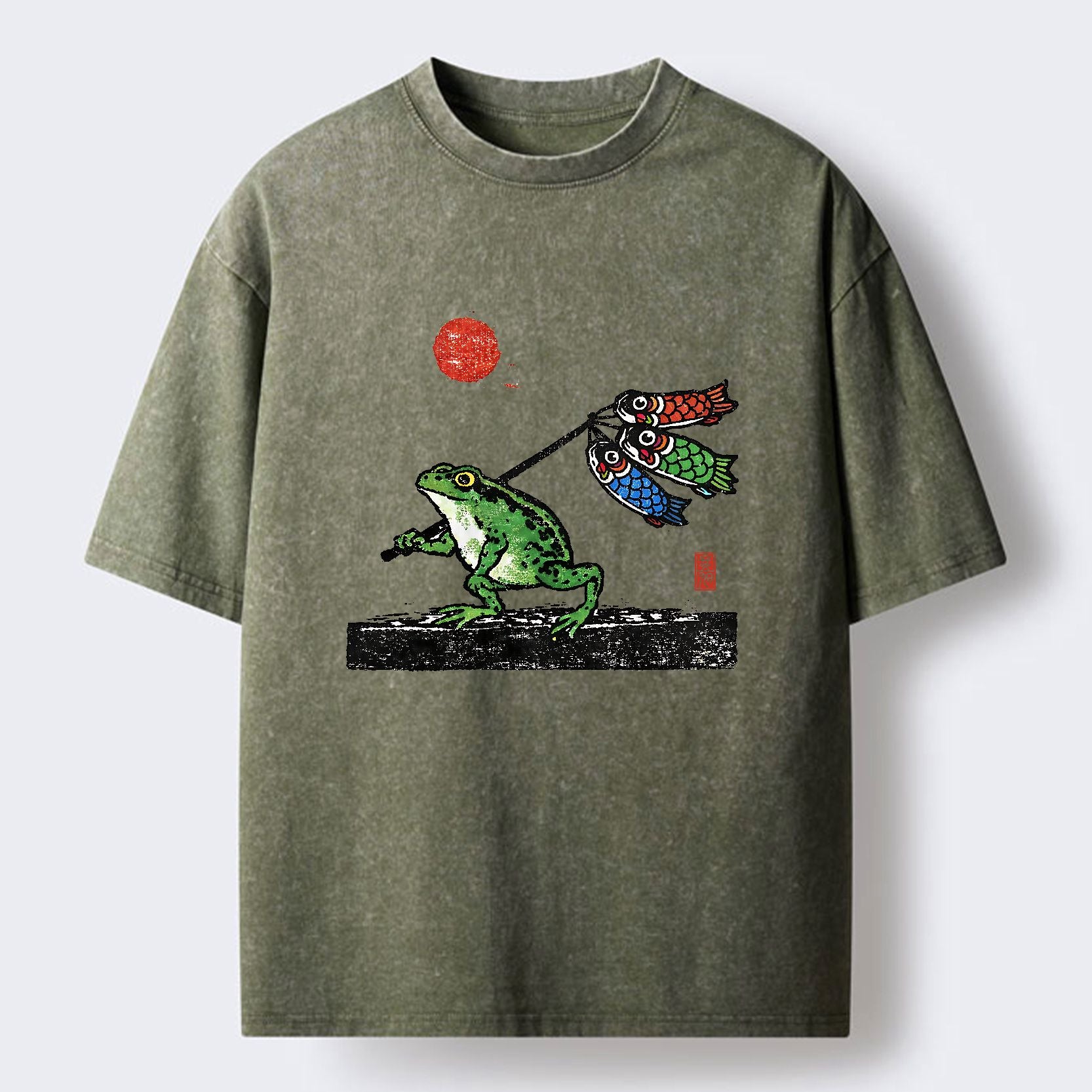 Kyoto-Lion The Frog Carrying Carp Flags Washed T-Shirt