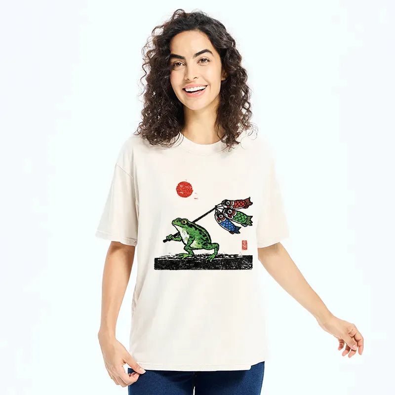 Kyoto-Lion The Frog Carrying Carp Flags Washed T-Shirt