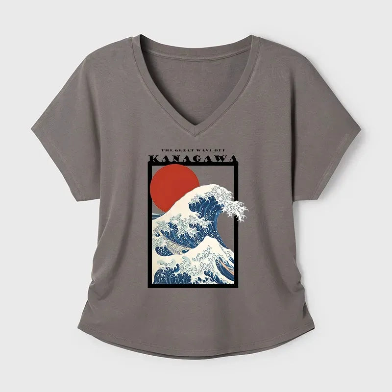Kyoto-Lion Minimalist Ukiyo-e Waves Modal Dolman Sleeve T-Shirt