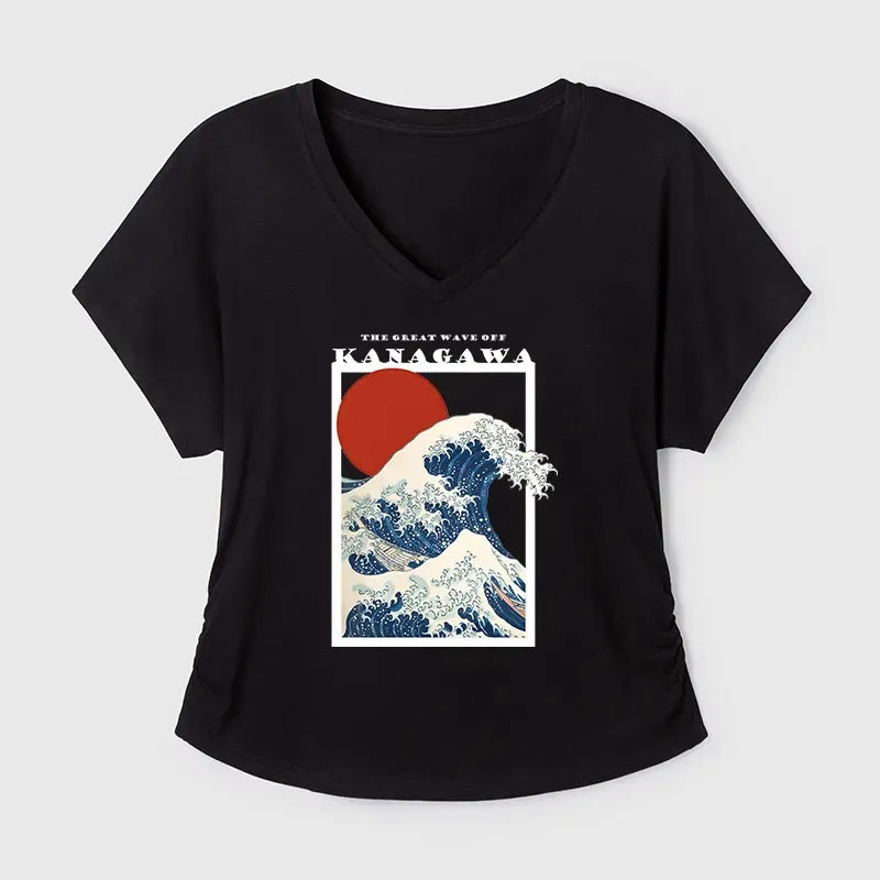 Kyoto-Lion Minimalist Ukiyo-e Waves Modal Dolman Sleeve T-Shirt