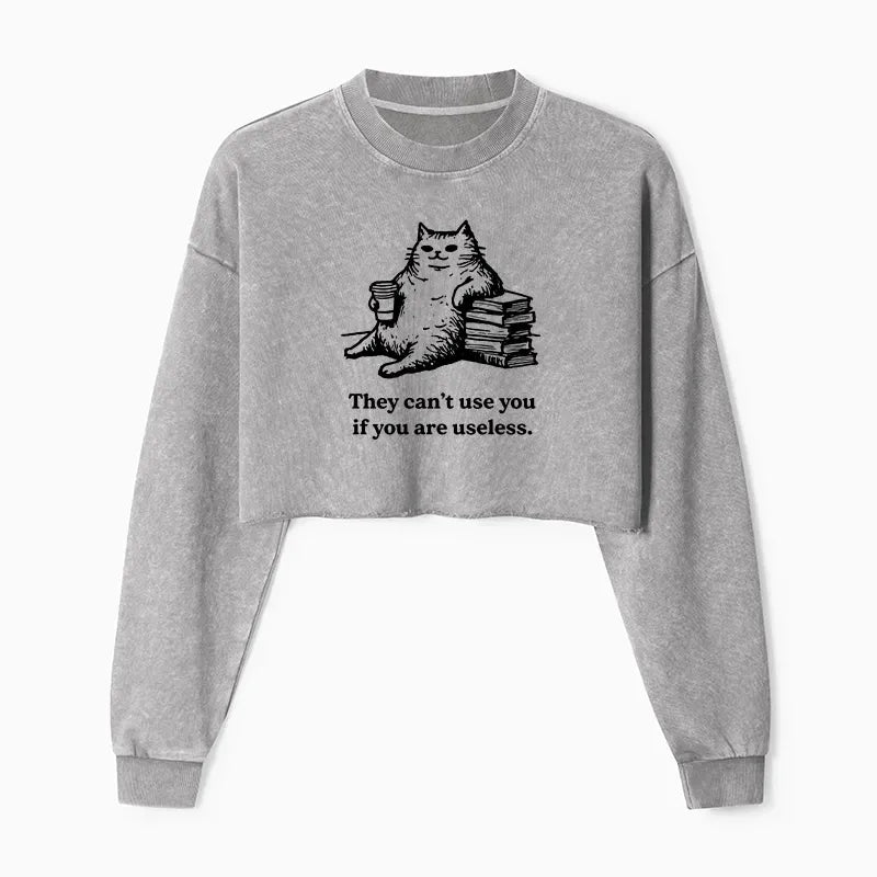 Kyoto-Lion Cat Proving Uselessness Is A Superpower Washed Crop Sweatshirt