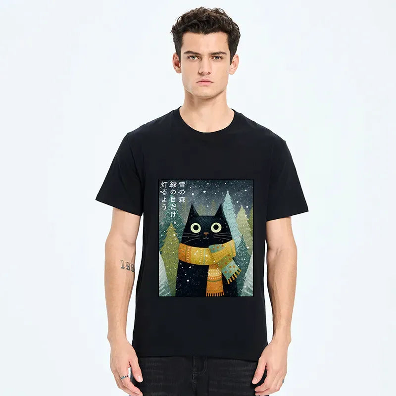 Japanese Black Cat T-Shirt for Daily Wear
