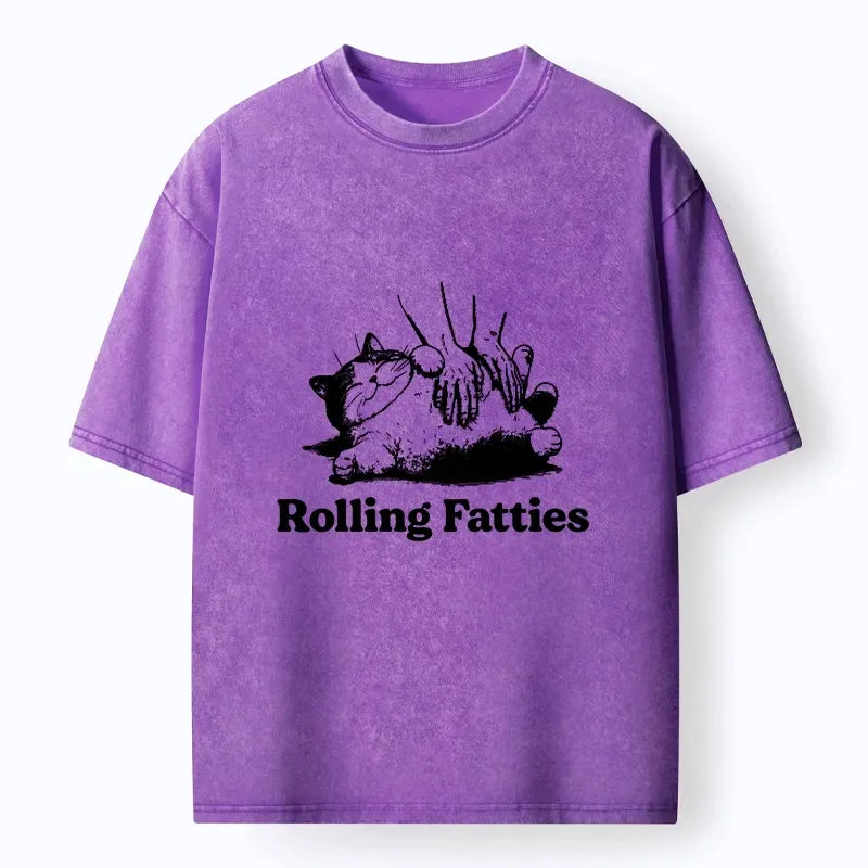 Kyoto-Lion Rolling Fatties Cat Massage Meme Washed T-Shirt