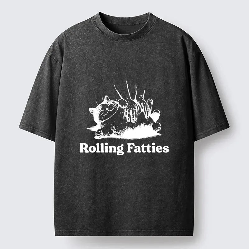 Kyoto-Lion Rolling Fatties Cat Massage Meme Washed T-Shirt