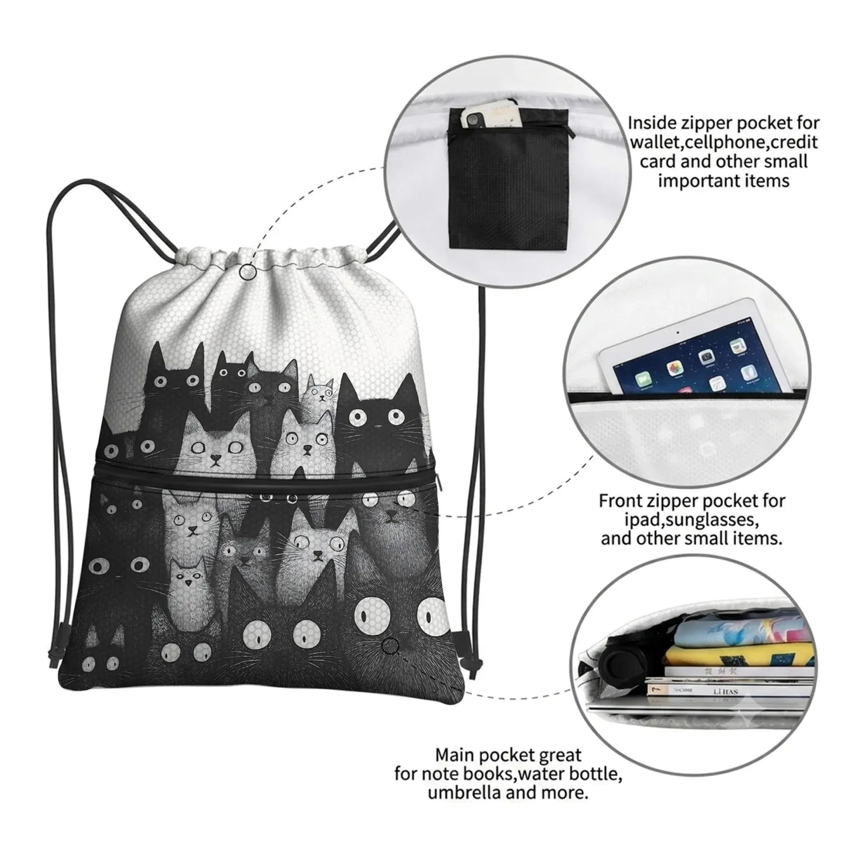 Judgmental Stare of Cats Drawstring Backpack for Travel