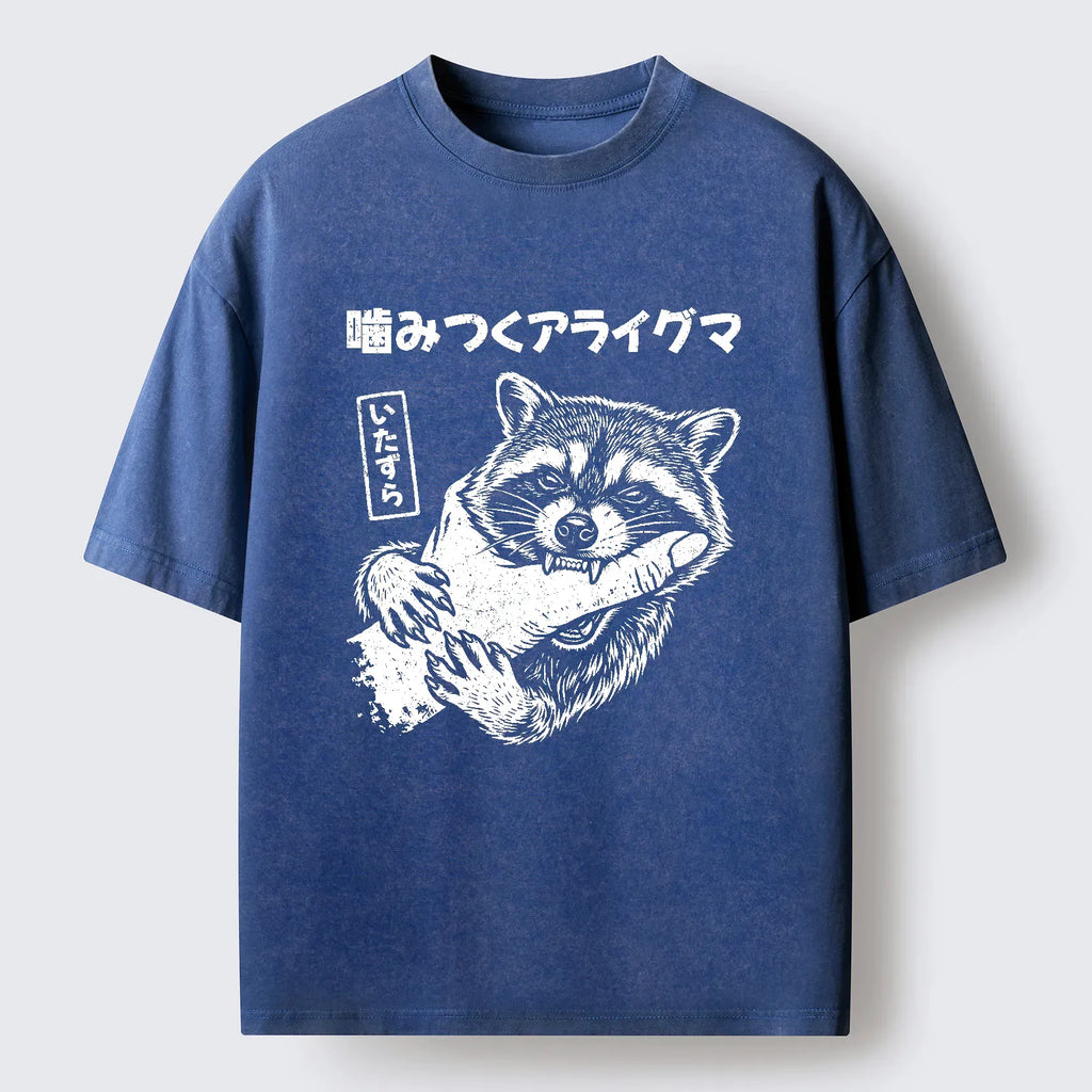 Japanese culture raccoon washed t-shirt