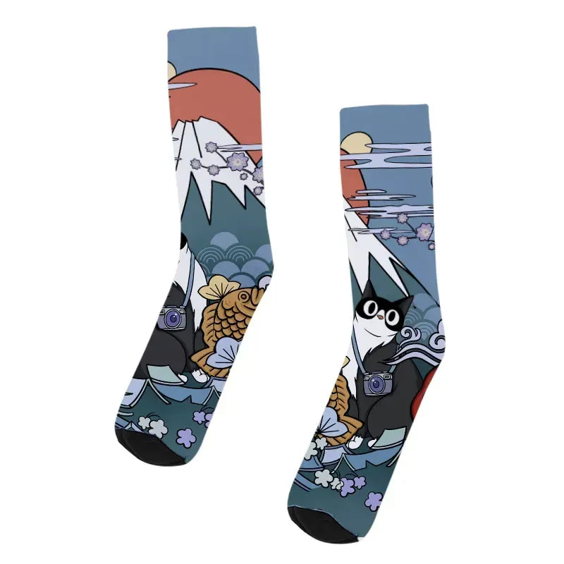 cute cat socks with Mount Fuji
