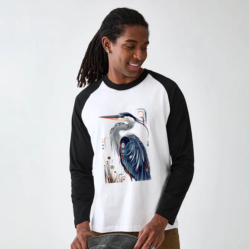 Kyoto-Lion Stylish Blue Heron Raglan Long Sleeve T-shirt