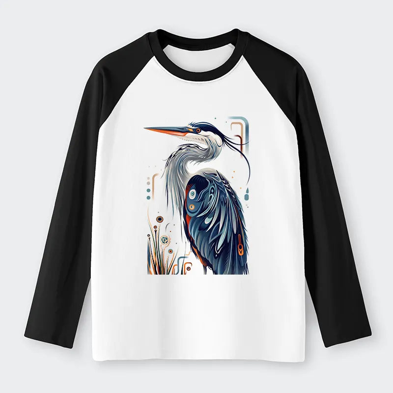 Kyoto-Lion Stylish Blue Heron Raglan Long Sleeve T-shirt