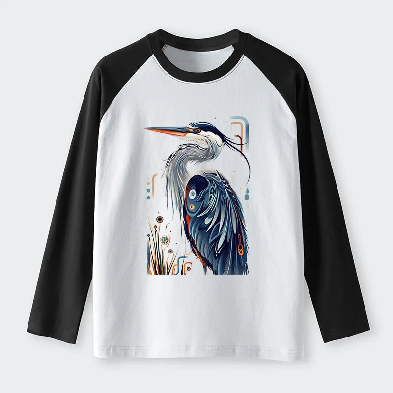 Kyoto-Lion Stylish Blue Heron Raglan Long Sleeve T-shirt