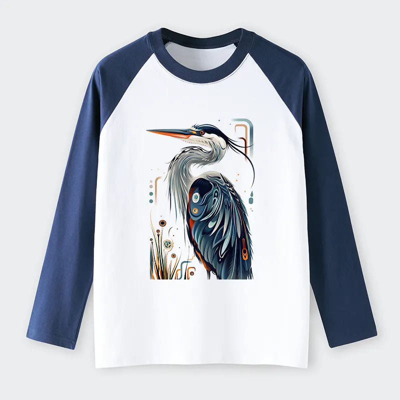 Kyoto-Lion Stylish Blue Heron Raglan Long Sleeve T-shirt