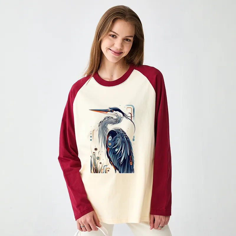 Kyoto-Lion Stylish Blue Heron Raglan Long Sleeve T-shirt