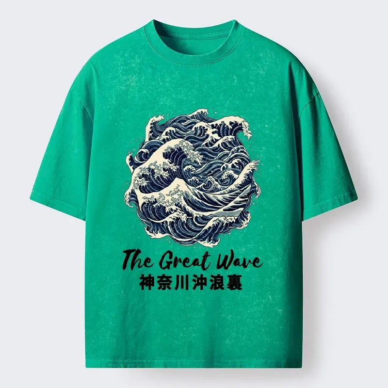 Kyoto-Lion Circular Great Wave Ukiyo Print Washed T-Shirt