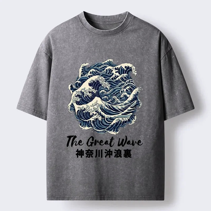 Kyoto-Lion Circular Great Wave Ukiyo Print Washed T-Shirt
