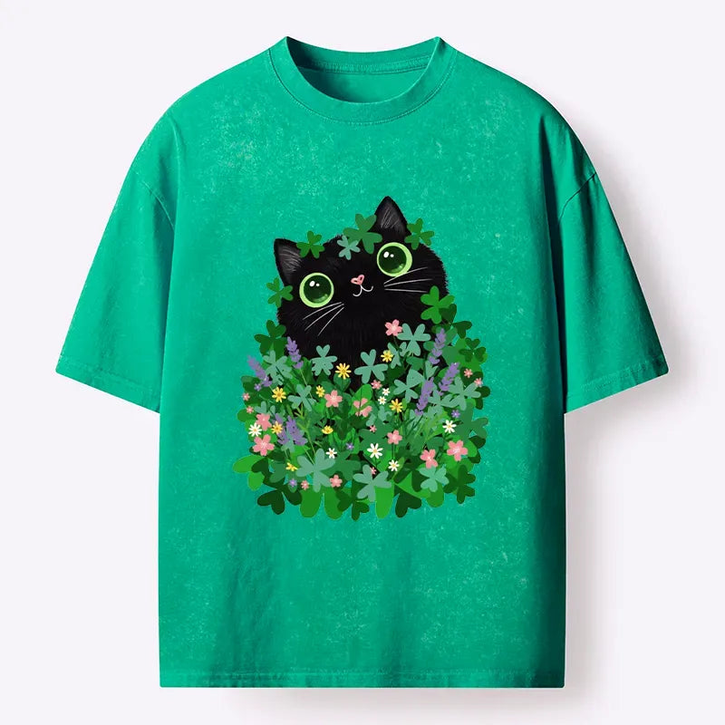 Washed Black Cat T-Shirt for Casual