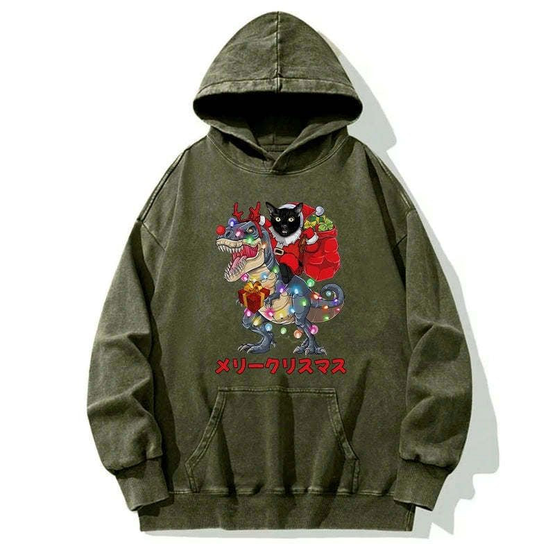 cat riding dinosaur christmas hoodie