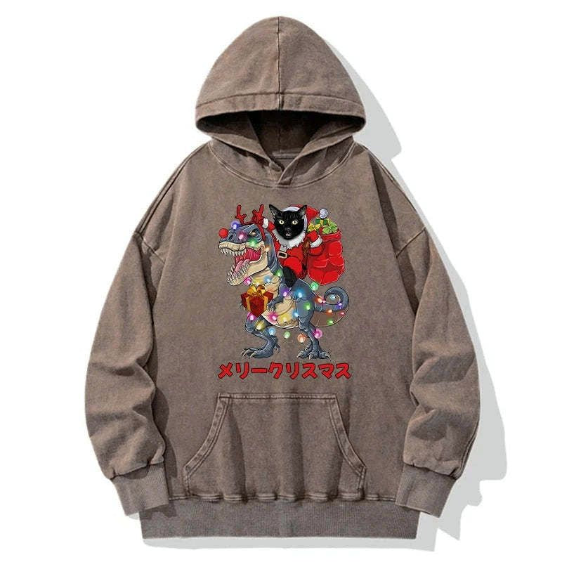 Kyoto-Lion Cat Riding Dinosaur Christmas Washed Hoodie