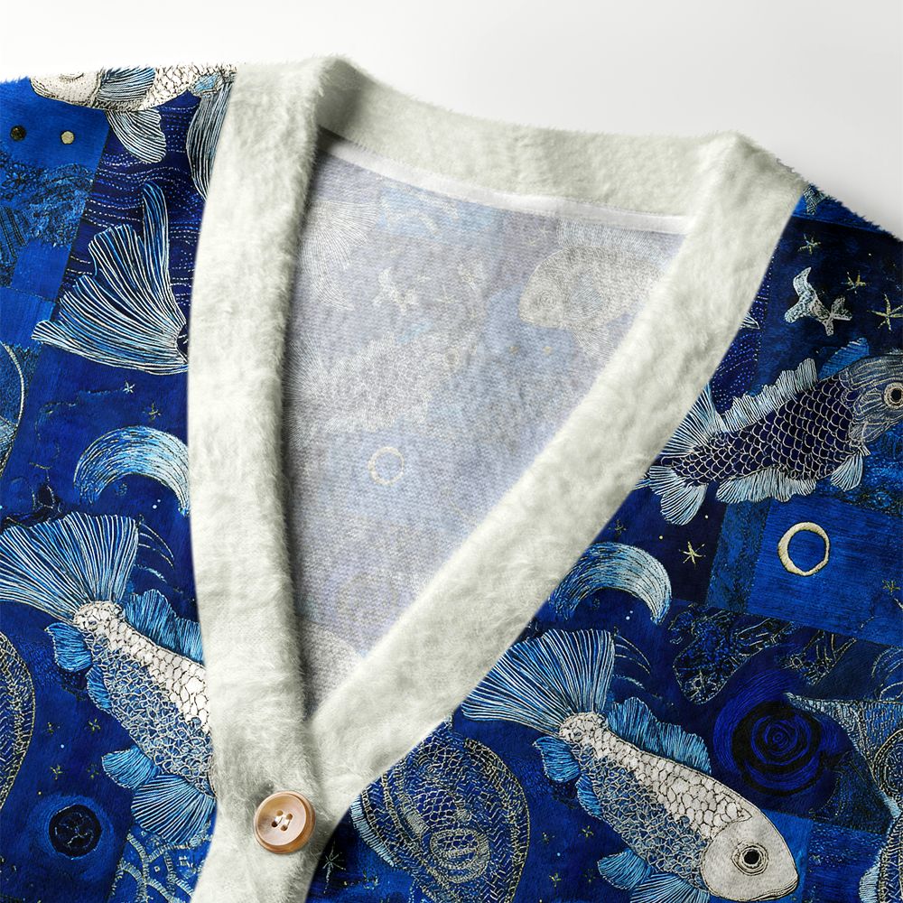 Kyoto-Lion Dancing Fish Under The Moonlight Ugly Cardigan Sweater