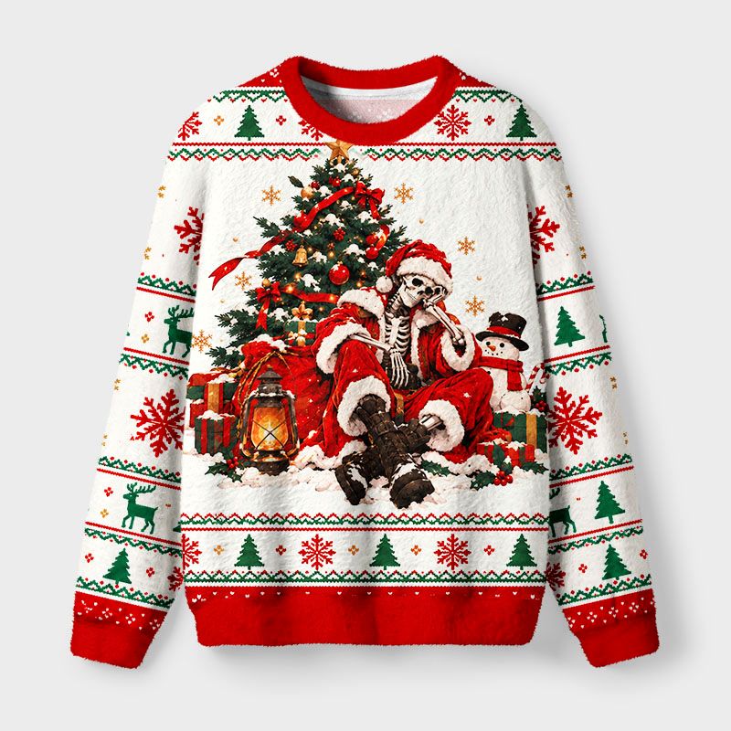 Kyoto-Lion Skeleton Santa Chill Fuzzy Christmas Ugly Sweatshirt