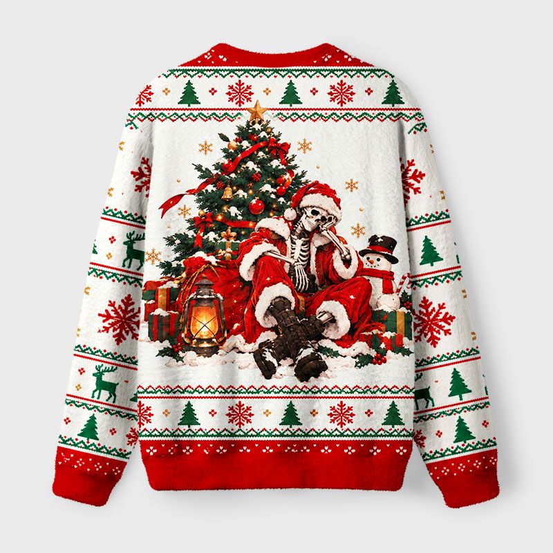 Kyoto-Lion Skeleton Santa Chill Fuzzy Christmas Ugly Sweatshirt