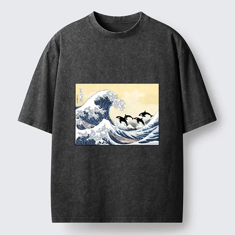 Washed Japanese Art Print T-Shirt for Streetwear