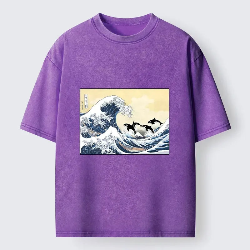 Washed Japanese Art Print T-Shirt for Streetwear