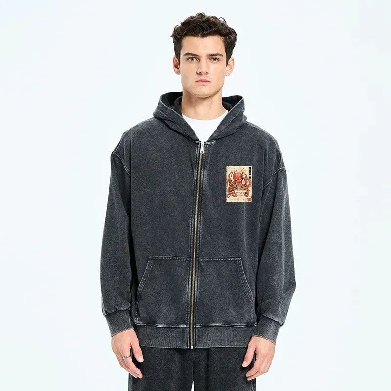 Washed Japanese Zip Hoodie for Streetwear