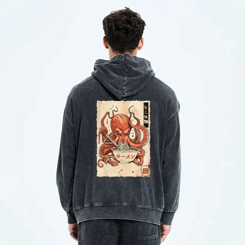 Kyoto-Lion Retro Octopus Eating Ramen Washed Zip Hoodie