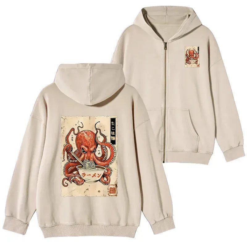 Kyoto-Lion Retro Octopus Eating Ramen Washed Zip Hoodie