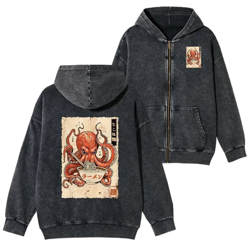 Washed Japanese Zip Hoodie for Streetwear