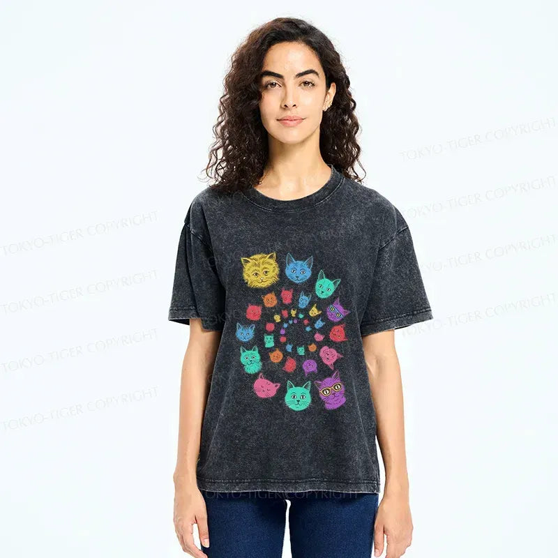 Kyoto-Lion Psychedelic Spinning Cats Washed T-Shirt