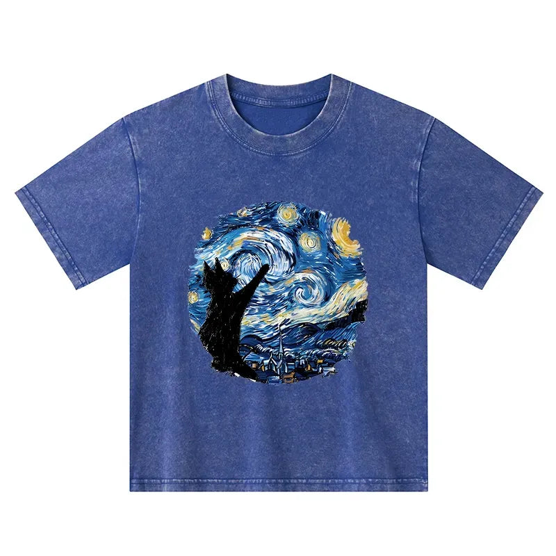 Starry Night Black Cat Kids T-Shirt