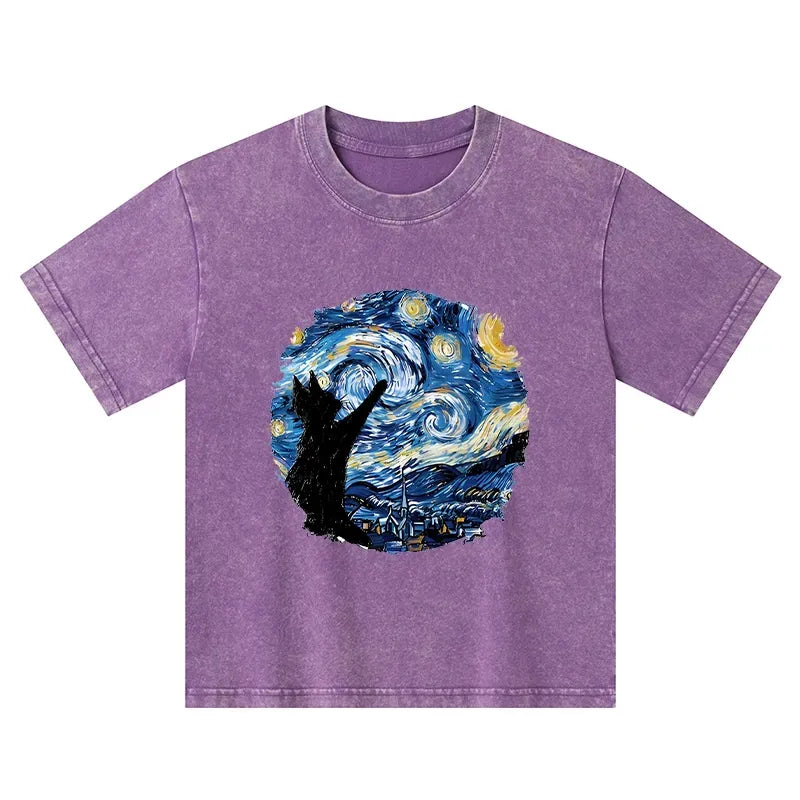 Starry Night Black Cat Kids T-Shirt