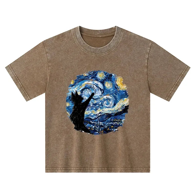 Starry Night Black Cat Kids T-Shirt