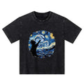Kyoto-Lion Starry Night Black Cat Kids Washed T-Shirt