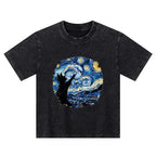 Kyoto-Lion Starry Night Black Cat Kids Washed T-Shirt